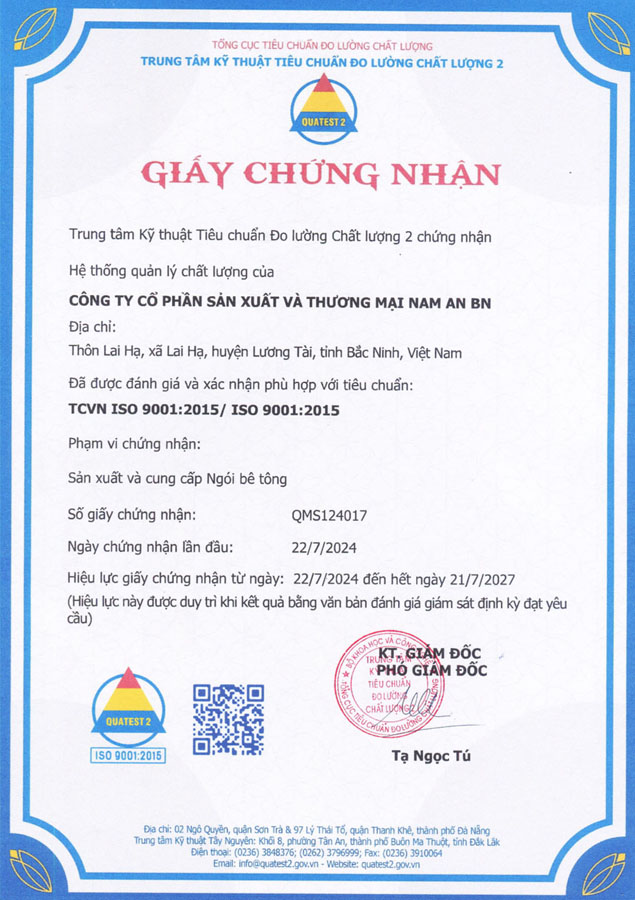 Giấy Chứng Nhận Chất Lượng Ngói Màu Kawai