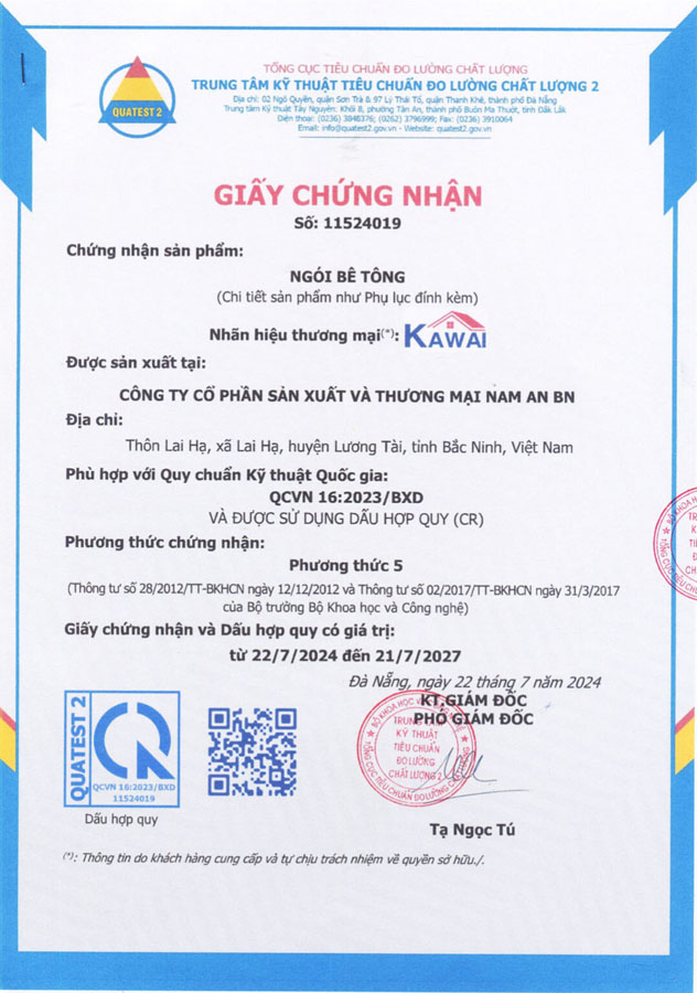 Giấy Chứng Nhận Tiêu Chuẩn Ngói Màu Kawai