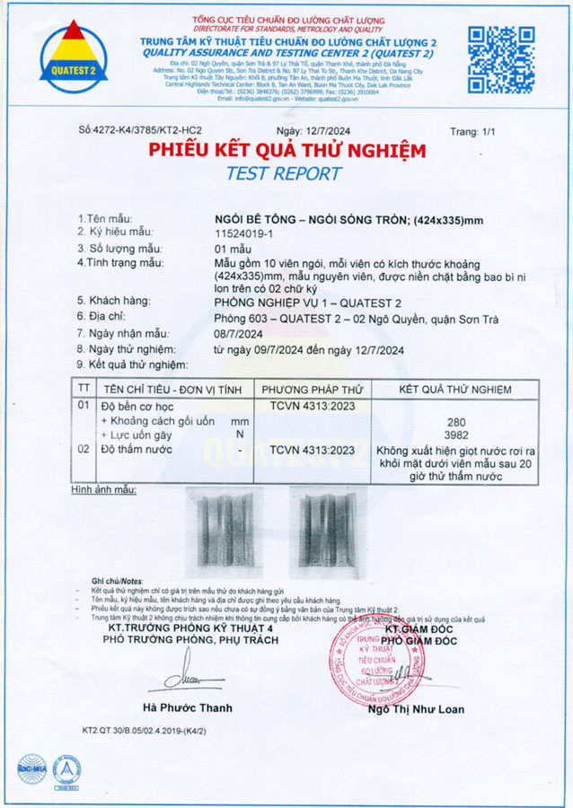 Phiếu Kết Quả Thử Nghiệm Ngói Màu Kawai
